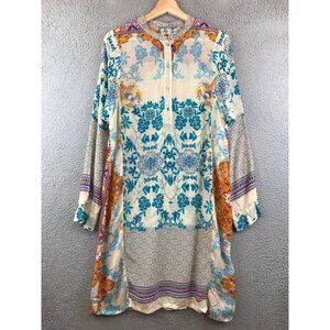 Johnny Was Floral Artsy Tunic Cupra Rayon Long Slv Boho Tropical Breezy Size MOp